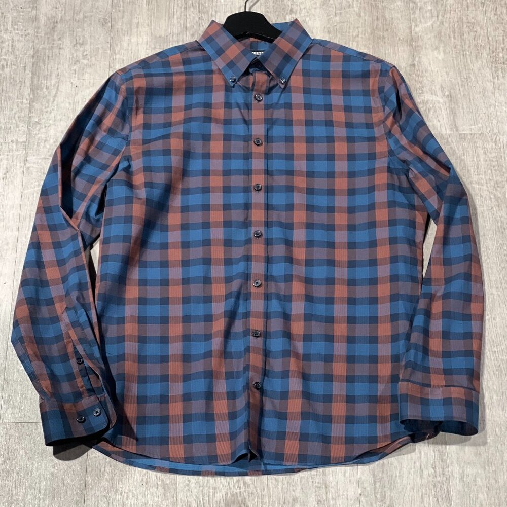 Express 1MX Slim Fit Dress Shirt Navy/Copper Plaid Medium Tall